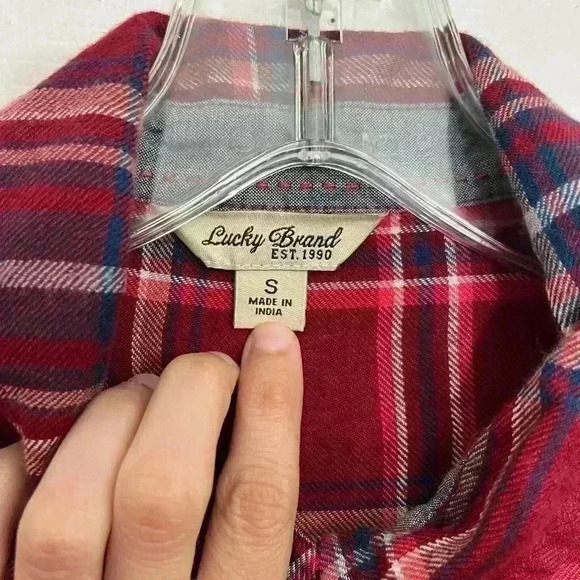 LUCKY BRAND Red Split Back Plaid Button Down Flannel Top | size small - Picture 8 of 9